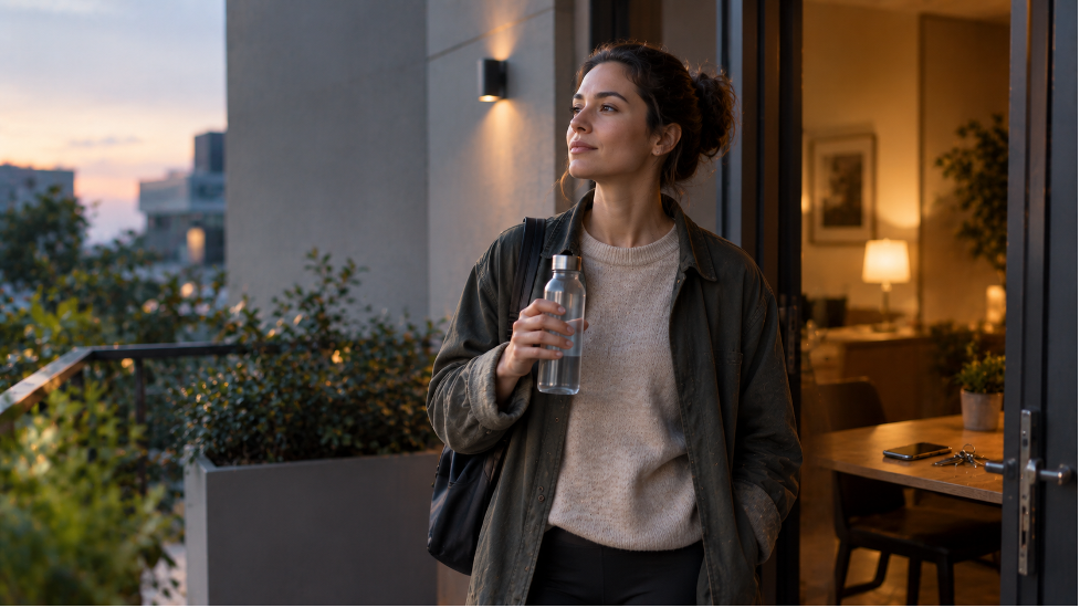 Woman taking a break outside with a water bottle instead of reaching for a cigarette
