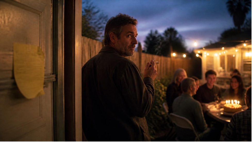 Middle aged man with a lit cigarette standing in a backyard at dusk, looking back over his shoulder while a birthday gathering with a lit cake sits at a table behind him