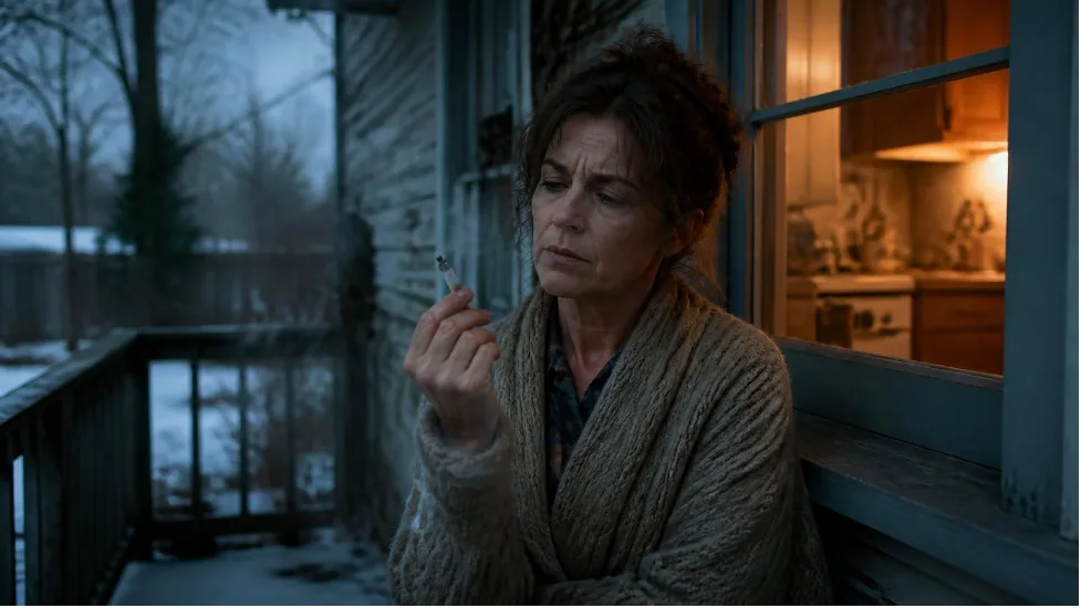 A woman standing on a snowy porch at dusk, looking down at a cigarette in her hand