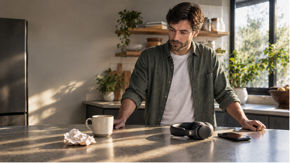 Man reflecting beside headphones before a guided hypnosis session