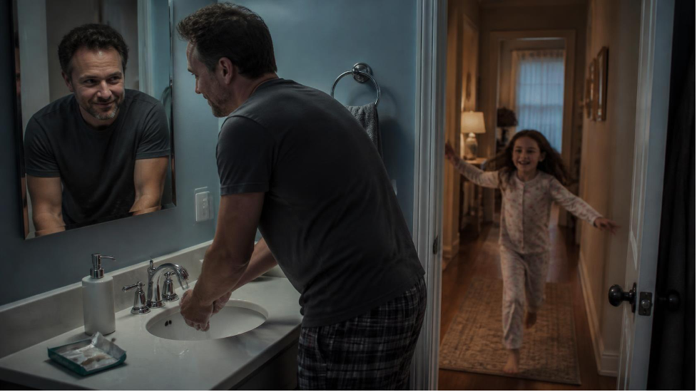 Man washing his hands at a bathroom sink while his young daughter runs down the hallway to hug him