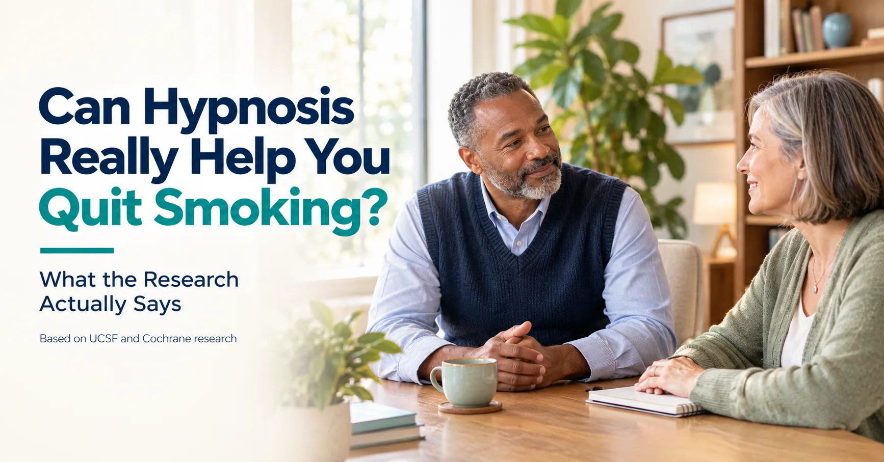 A man and a woman talking over coffee at a wooden table under the heading Can Hypnosis Really Help You Quit Smoking