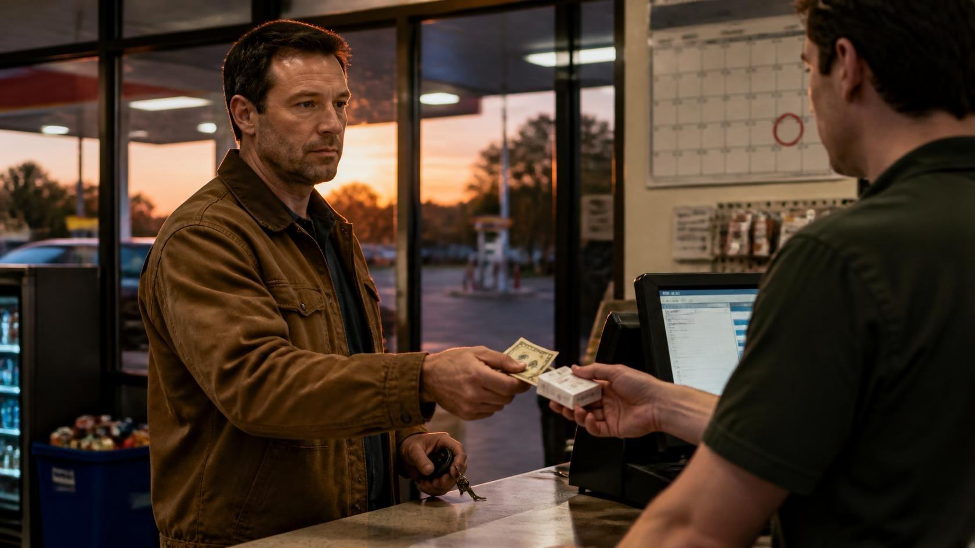Man at a gas station counter at sunset handing cash across while a cashier passes him a small white box, a wall calendar with one day circled behind the counter