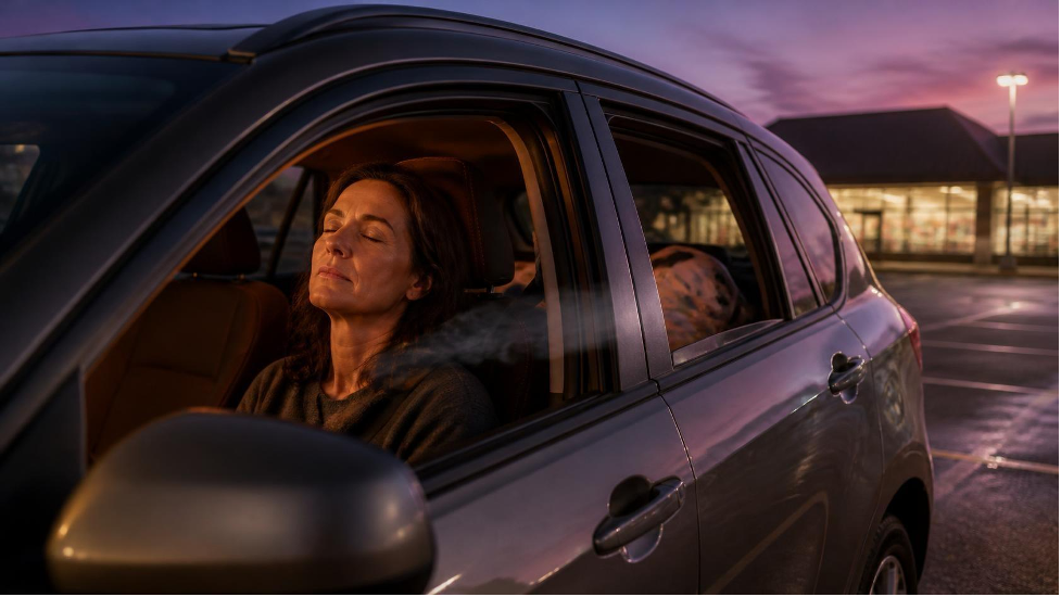 Woman sitting in the driver's seat of a parked car with the window open outside a store at dusk