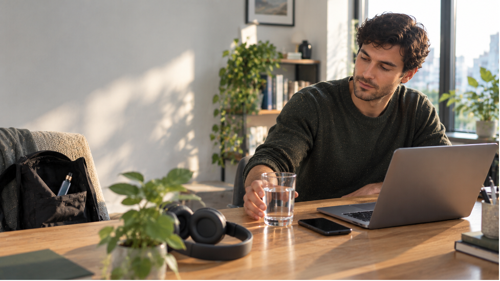 Man at a desk reaching for a glass of water instead of reaching automatically for a vape