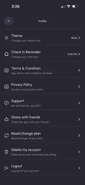 Settings menu showing Delete Account option